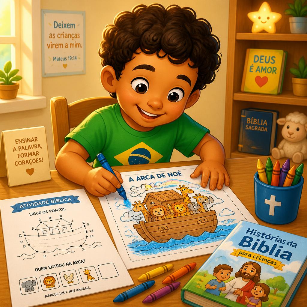 Criança feliz fazendo atividades bíblicas
